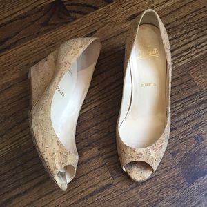Christian Louboutin beige cork wedge shoes heels 8